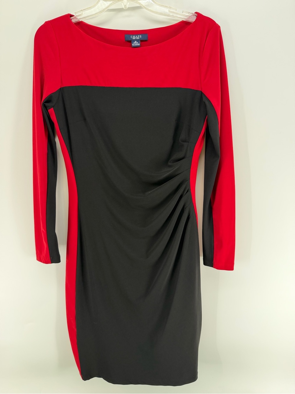 Chaps Red and Black Long-Sleeve Colorblock Sheath Dress with Side Ruching